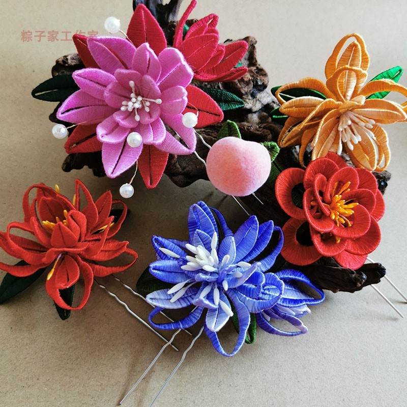 绒花汉服缠丝古代挽发昙花缠花发簪古风成品盘发发饰古装饰品头饰