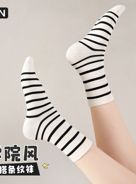 袜子女夏款黑色白色条纹百搭ins潮网红超火学院风夏季薄款中筒袜