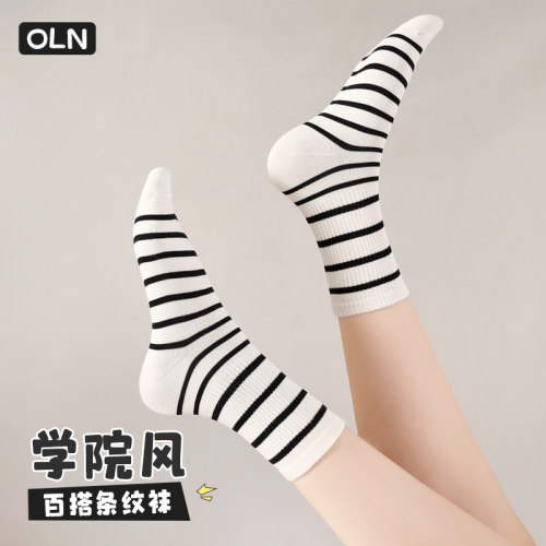 黑白条纹袜子女中筒袜夏季薄款