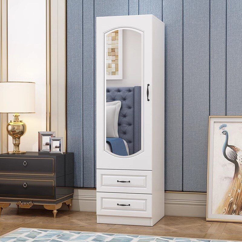 百思宜衣柜单门卧室带镜子衣橱简约挂衣柜实木抽屉小立柜阳台储物