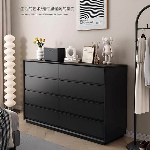 欧雅逸家意式极简实木八斗柜卧室储物柜客厅轻奢高级感黑色床尾柜