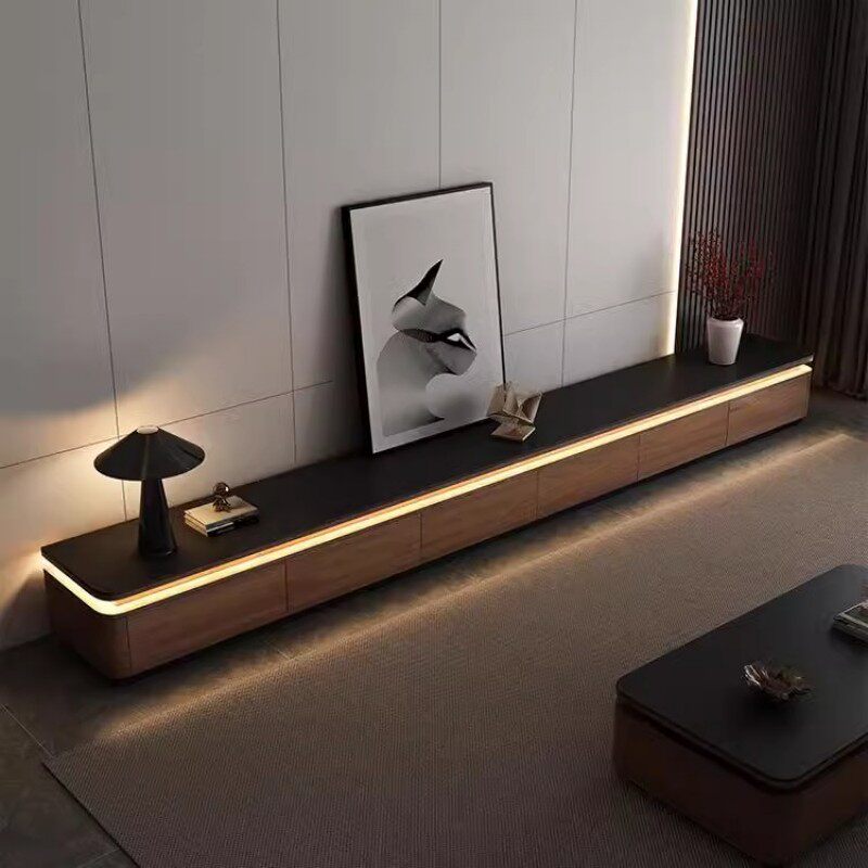 豪厦实木岩板落地电视柜茶几组合客厅家用带氛围灯长条地台柜新