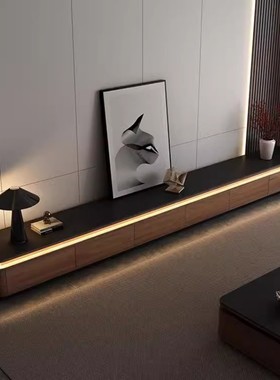 豪厦实木岩板落地电视柜茶几组合客厅家用带氛围灯长条地台柜新