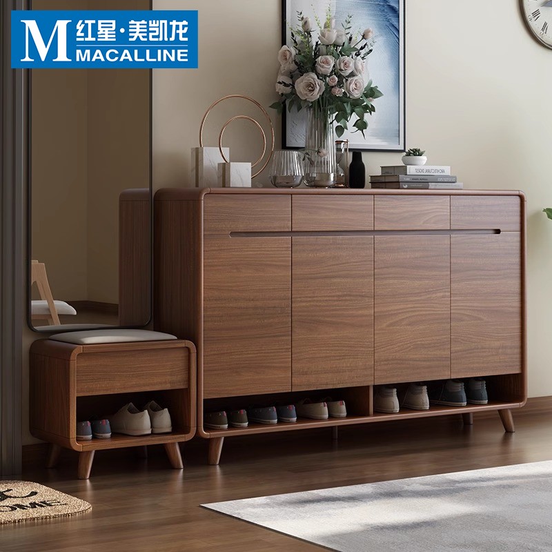 艾比森中式入户鞋柜带换鞋凳楼道外家用门口实木框可坐玄关柜鞋架