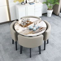 Круглый стол из сланца 80, светло-серое кожаное кресло (поверхность из сланца + полностью автоматическое приготовление чая + четыре стула)