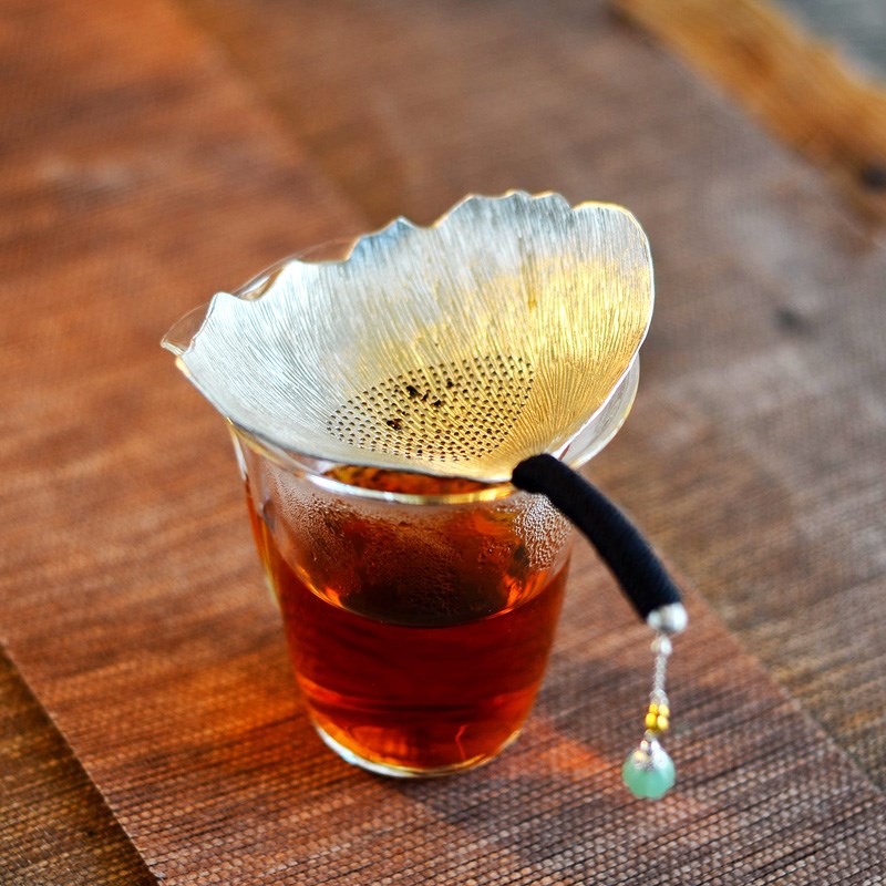 国风手工锡制茶漏茶滤茶渣过滤网器精致可爱创意银V杏功夫茶具套