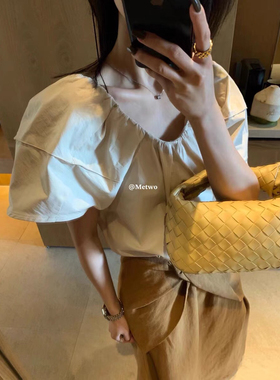 METWO韩代！设计款法式复古泡泡袖造型上衣 v领衬衫女短款08082