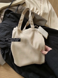METWO 韩代随行包 韩系杏色爱心波点帆布包新款小众设计感手提包