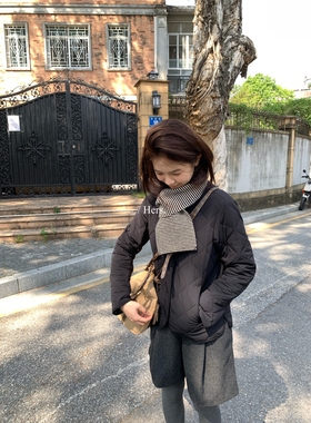 一勺甜 hers黑色两面可穿简约通勤保暖菱格纹保暖棉服外套 92578