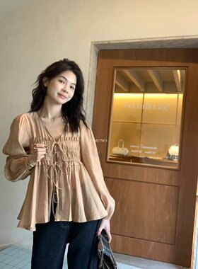 METWO 8836#肉桂色粉仙仙衬衫女2025秋季设计感宽松显瘦娃娃衫