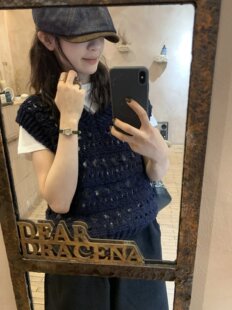 METWO 8844#韩代深蓝毛针织马甲背心女2025秋季无袖镂空休闲上衣