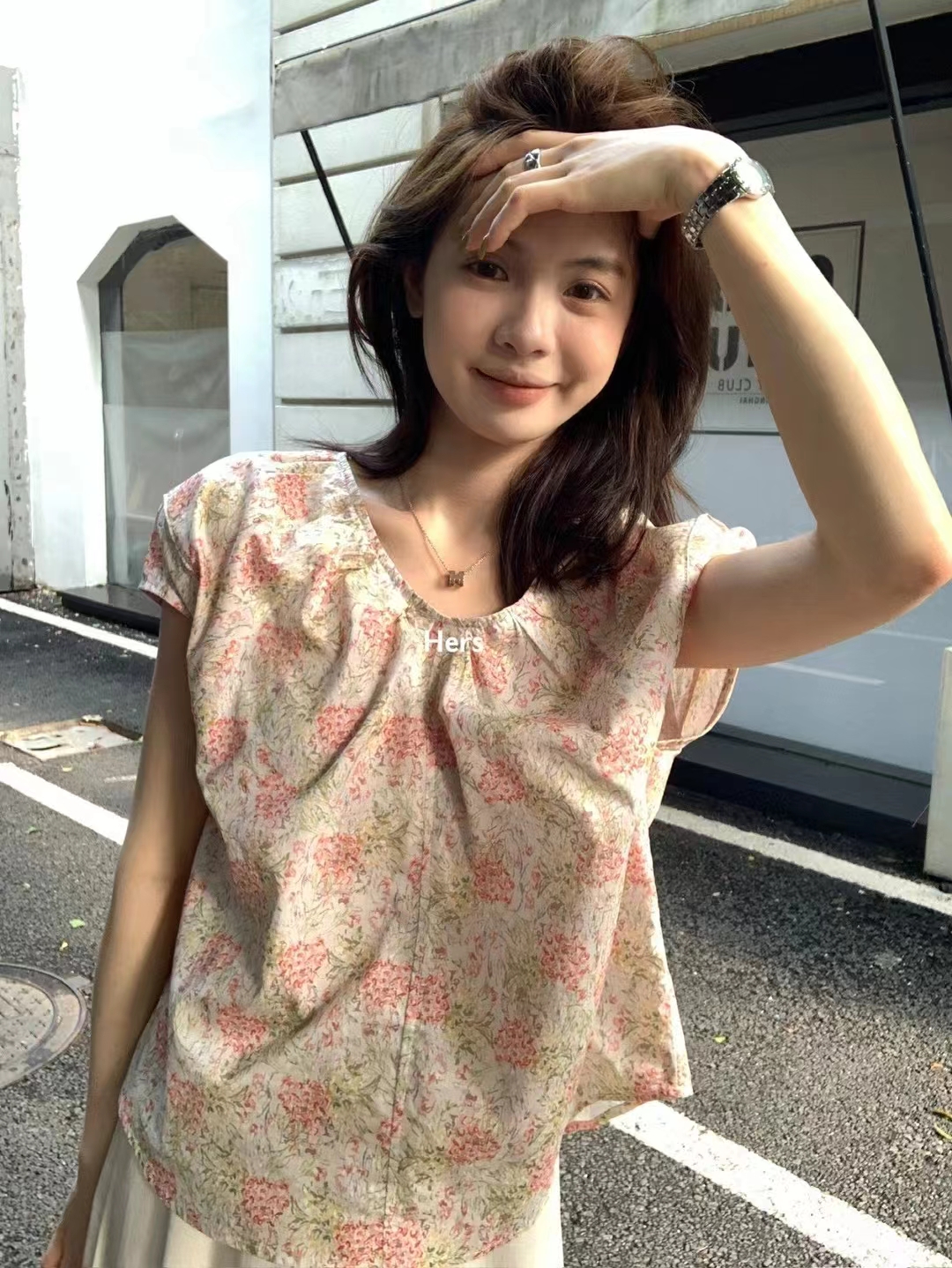 METWO hers小清新碎花上衣女夏季韩系法式气质小飞袖小衫 20883