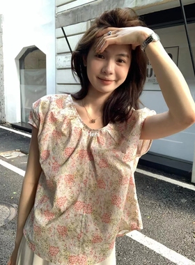 METWO hers小清新碎花上衣女夏季韩系法式气质小飞袖小衫 20883
