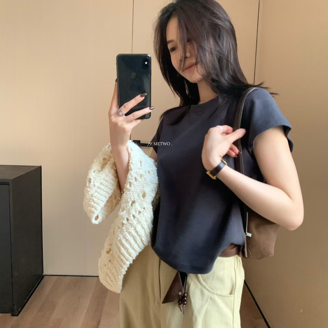 METWO 9010配丝巾多色百搭磨毛T恤女2025秋季圆领净版休闲上衣