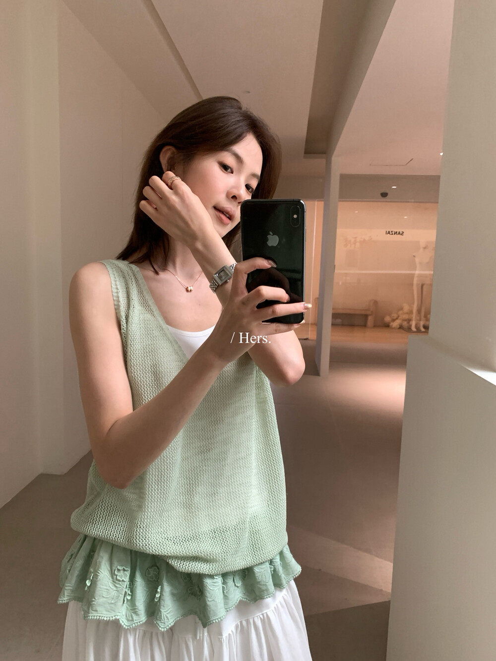 Hers真两件拼接下摆提花背心女