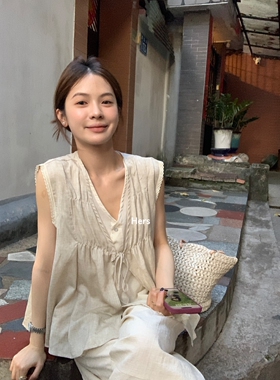 METWO 设计感假两件无袖绑带棉料小衫女夏季新款系带衬衫 20979