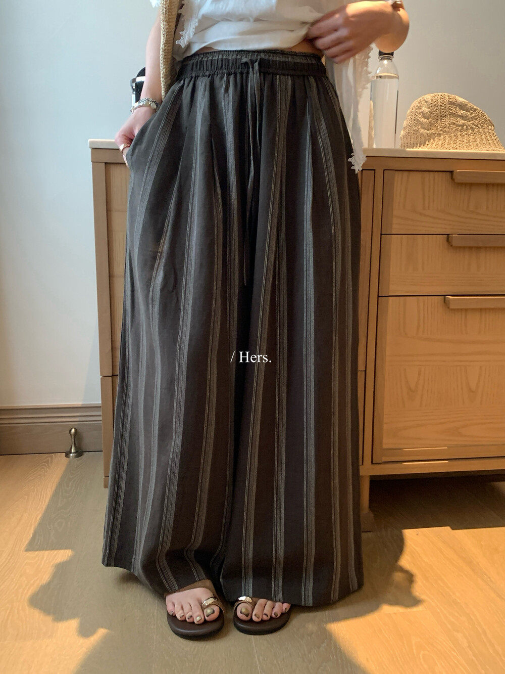 Hers条纹慵懒舒适苎麻阔腿裤女