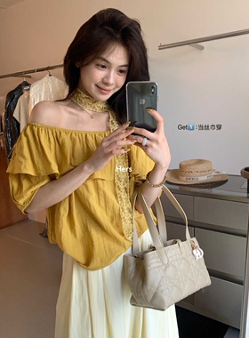 METWO hers韩系气质荷叶领可一字肩小衫女夏季20953蕾丝拼接衬衫