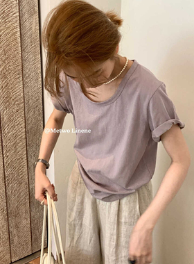METWO八色苎麻短袖T恤女夏季新款U领宽松透气休闲慵懒上衣08243
