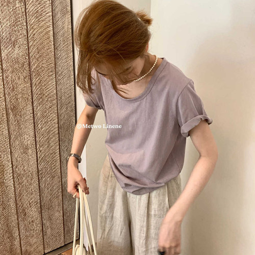 METWO八色苎麻短袖T恤女夏季新款U领宽松透气休闲慵懒上衣08243
