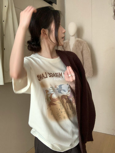 Hers小众吸睛印花宽短袖T恤女