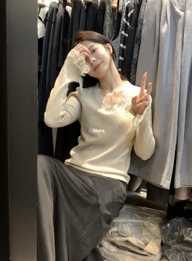 一勺甜 Hers秋上新！蕾丝拼接V领针织衫女2025韩系套头毛衣10329