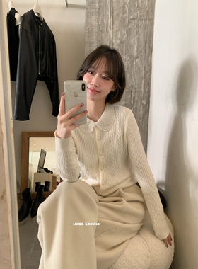 一勺甜 IMISS娃娃领麻花针织开衫女2025冬季针织领毛衣外套1277