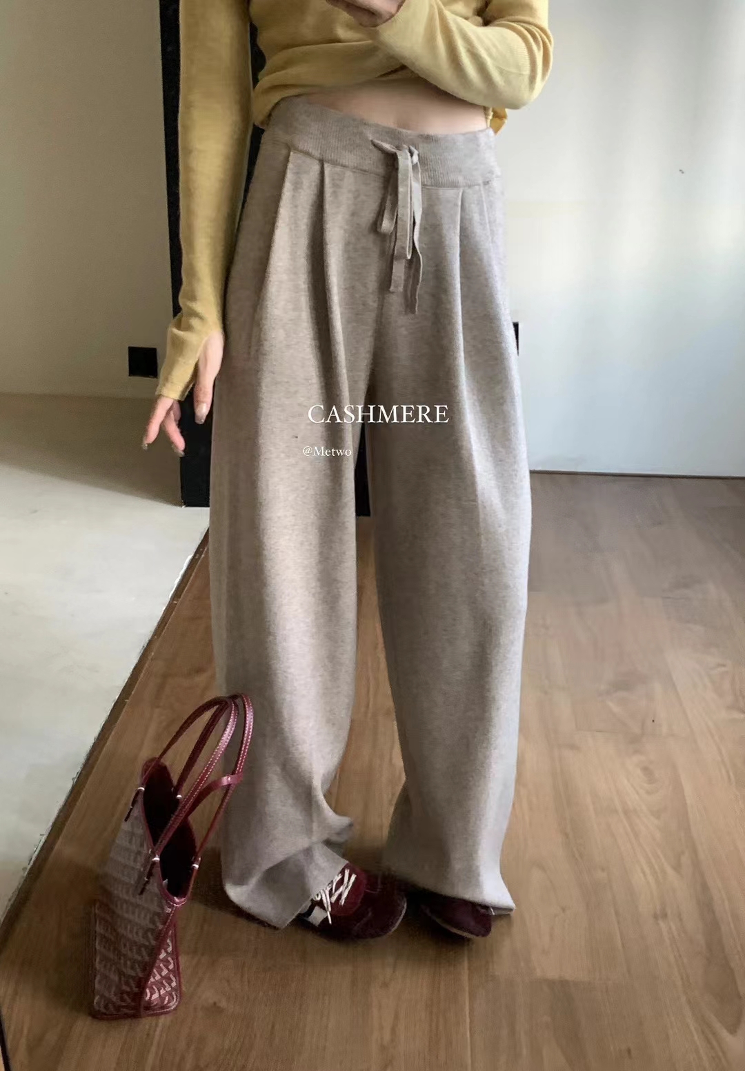 METWO2136巨推荐！羊绒裤女秋冬外穿针织拖地高腰宽松垂感阔腿裤