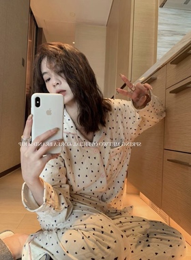 METWO少女！爱心粉边睡衣家居服两件套9876春秋棉料长袖休闲套装