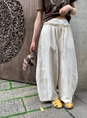 METWO hers设计感抽绳花苞麻感休闲裤女夏季直筒垂感山本裤 20992