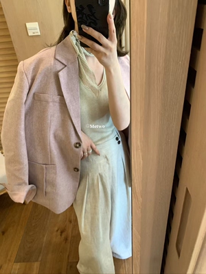 METWO 8636棉麻粉色西装外套女2025春季新款设计感气质韩版西服
