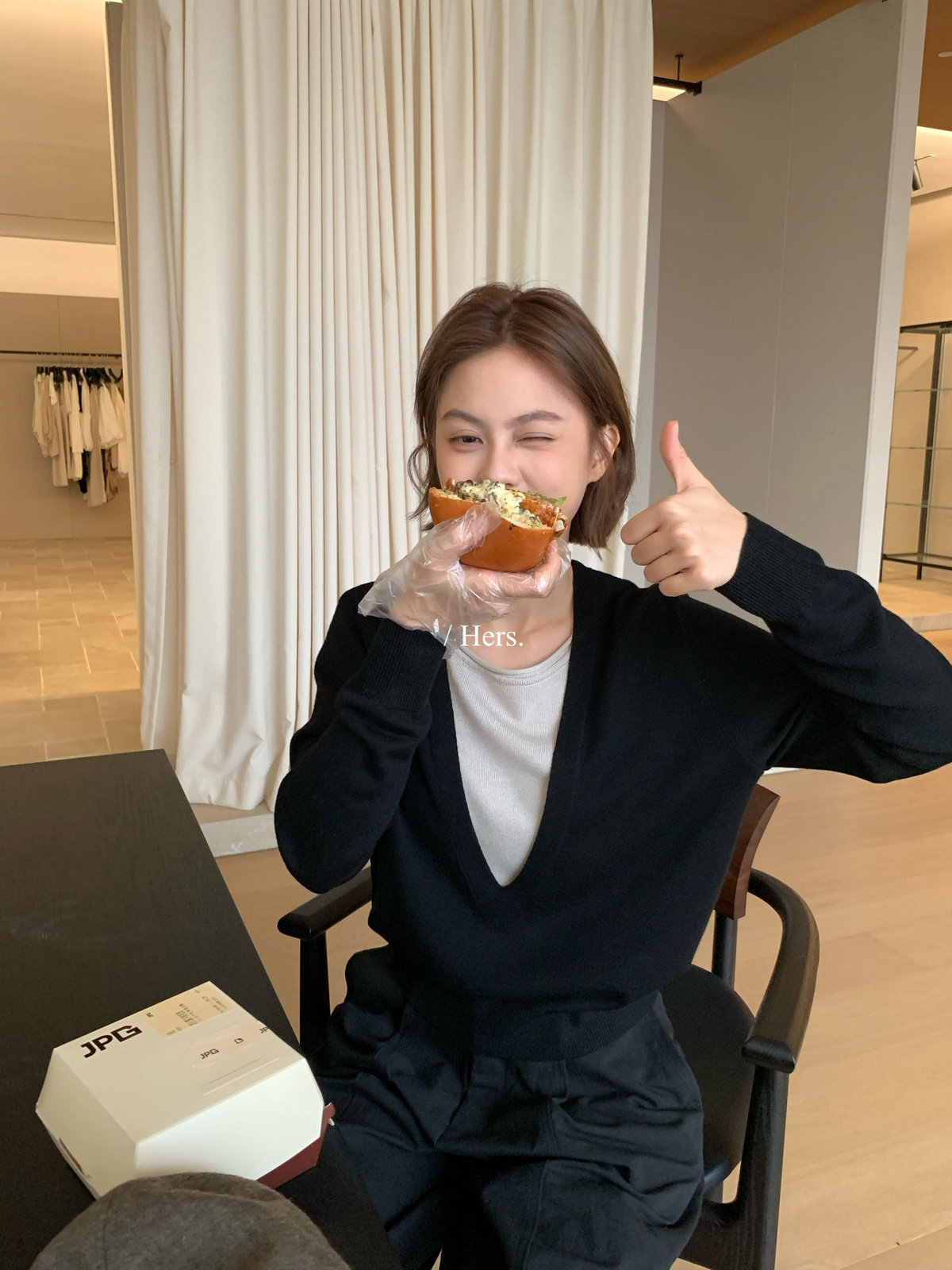 Hers气质撞色套头假两件针织衫女