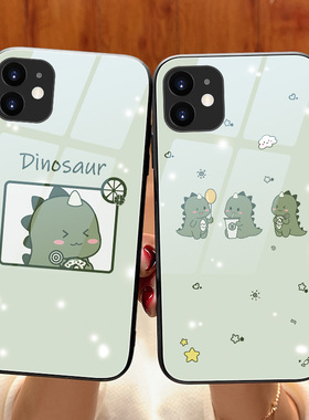 小恐龙苹果16手机壳绿色iphone15玻璃镜面13promax新款x/xs防摔12情侣14网红8plus可爱11女mini全包ip14套max