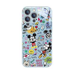 涂鸦米奇苹果15手机壳iPhone14Promax多巴胺13新款11米老鼠12mini情侣xs创意卡通xr高级感8p玻璃7plus防摔pm