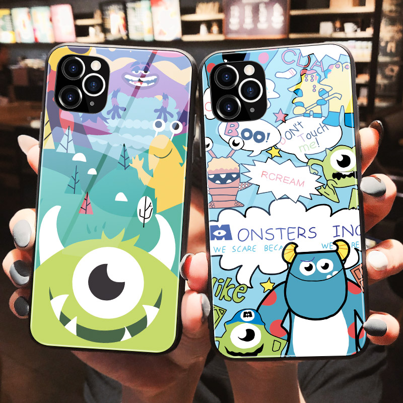 苹果11手机壳12pro毛怪大眼仔iphonex玻璃16镜面x可爱xs卡通iphone13男女款6s/7/8plus全包边15防摔14pro外壳