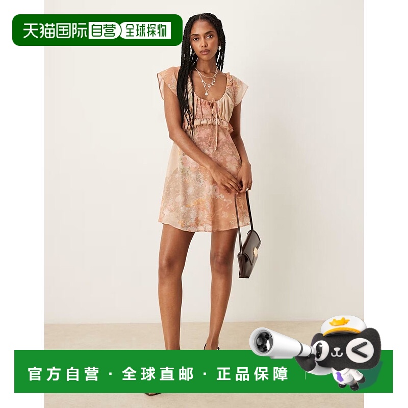 1h可退 潮奢 ASOS 女士 设计蝴蝶袖雪纺迷你印花连衣裙