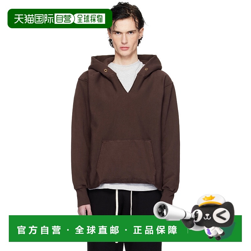 1h可退 潮奢 Les Tien 男士 棕色 Heavyweight Raw Cropped 连帽