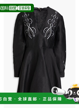 1h可退 潮奢 Maje 女士 铆钉亚麻混纺迷你连衣裙 MFPRO03330NOIR