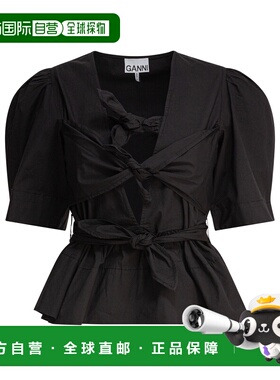 GANNI 女士衬衫 W0378099 AW2025  TIE BLouse黑色泡泡袖