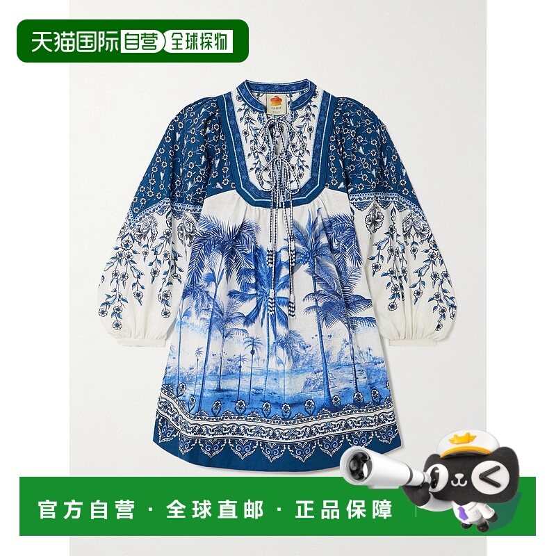 1h可退 潮奢 FARM RIO 女士 棕榈树海滩印花亚麻混纺迷你连衣裙 3