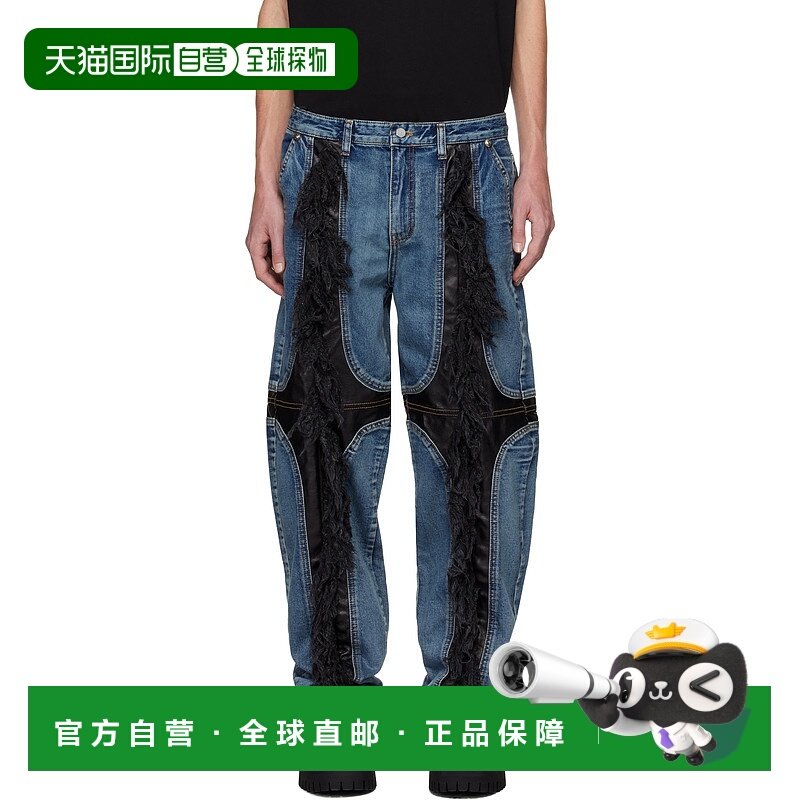 1h可退 潮奢 THUG CLUB 男士 蓝色 Mohican Leather 牛仔裤 TC24P