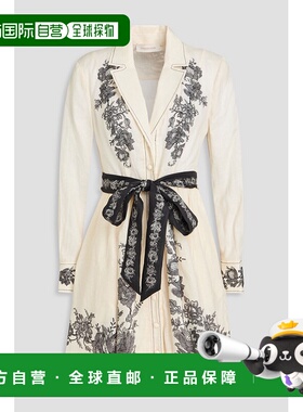 1h可退 潮奢 ZIMMERMANN 女士 束带印花亚麻迷你衬衫式连衣裙 240