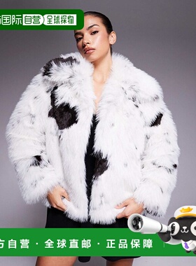 1h可退 潮奢 ASOS 女士 cow 设计高端领人造皮草黑色印花大衣(奶)