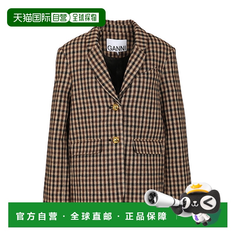 1h可退 GANNI 女士西服 W0426979 AW2025 棕色 Check Wool Mix Ov