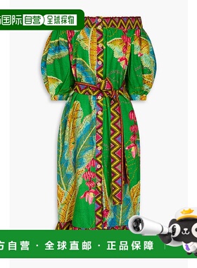 1h可退 潮奢 FARM RIO 女士 露肩荷叶边印花亚麻混纺中长连衣裙 2