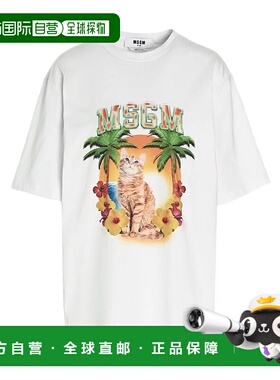 MSGM 女士白色短袖T恤衫 小猫印花圆领短袖T恤新款