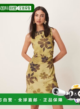 1h可退 潮奢 ASOS 女士 设计褶皱束腰迷你黄色印花连衣裙