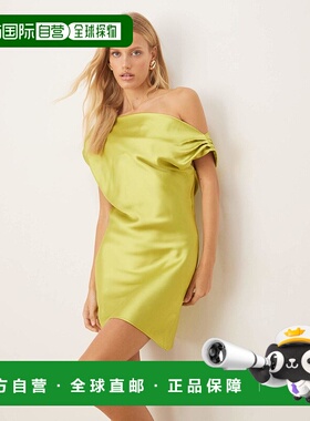 1h可退 潮奢 ASOS 女士 设计缎面垂褶单肩迷你绿色连衣裙包臀裙