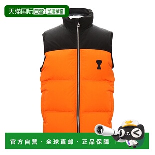 AMI 橙色羽绒服马甲 拼色Logo印花拉链立领马甲