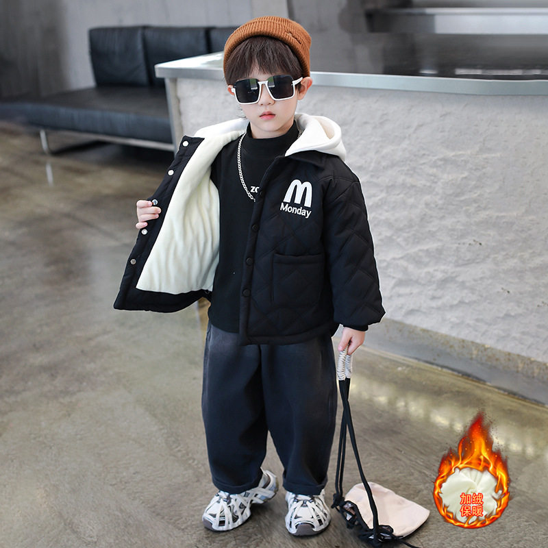 男童加绒外套儿童轻薄款棉服秋冬2025新款洋气男宝宝夹棉上衣